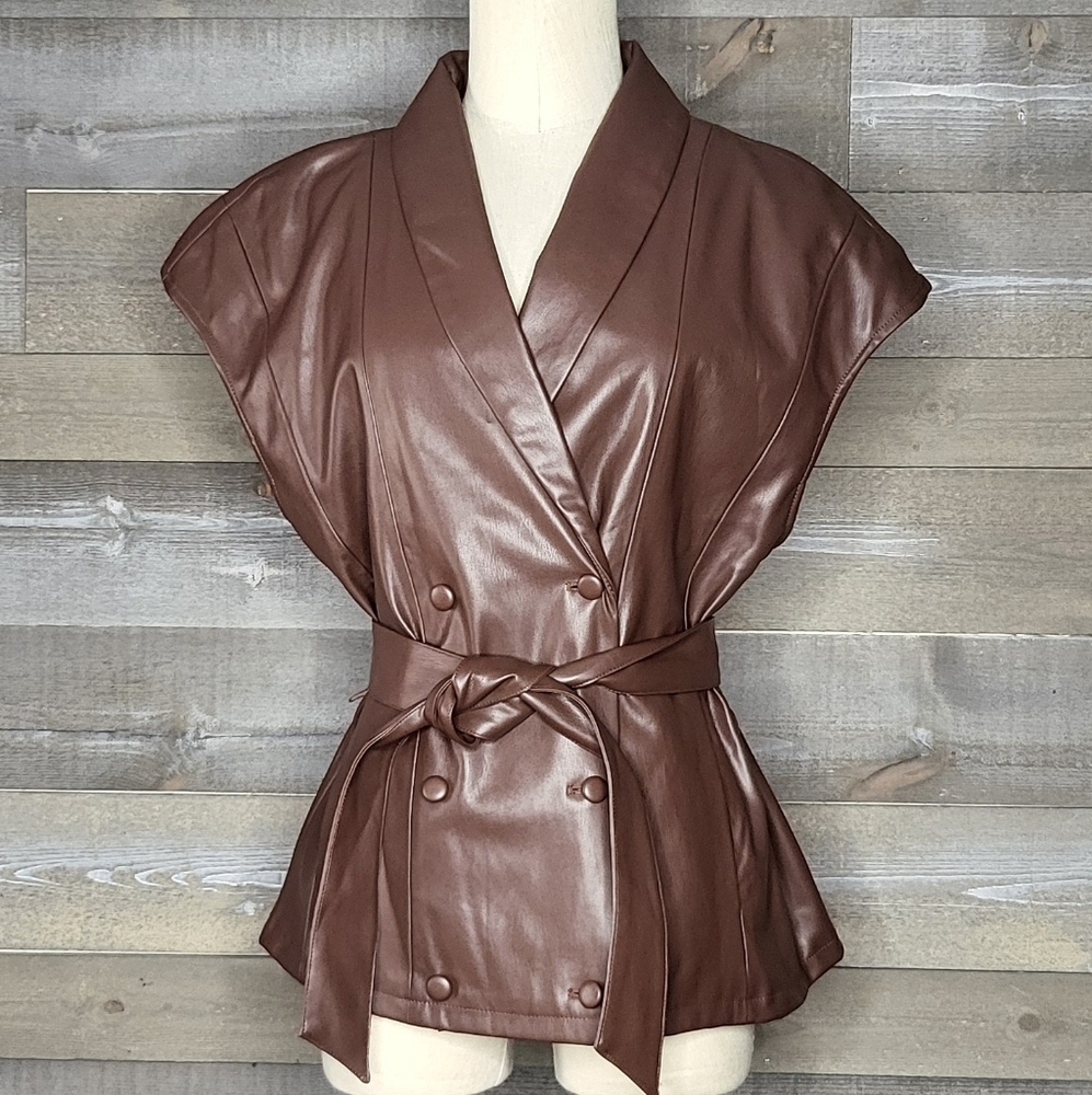 NWT Jason Wu Cap Sleeve Double Breasted Waist Tie Faux Leather Vest